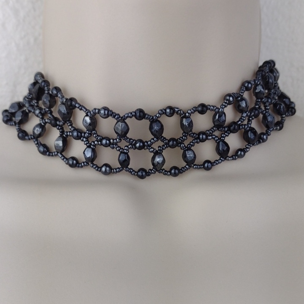 Handcrafted Luminescent Black Beaded Lace Choker